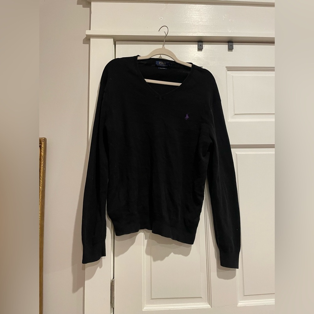 POLO Ralph Lauren Purple Label Black V Neck Sweater Pima Cotton - Picture 1 of 4